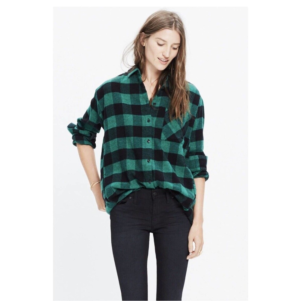 Madewell Womens Size Large Flannel Sunday Shirt In Green Black Buffalo Check